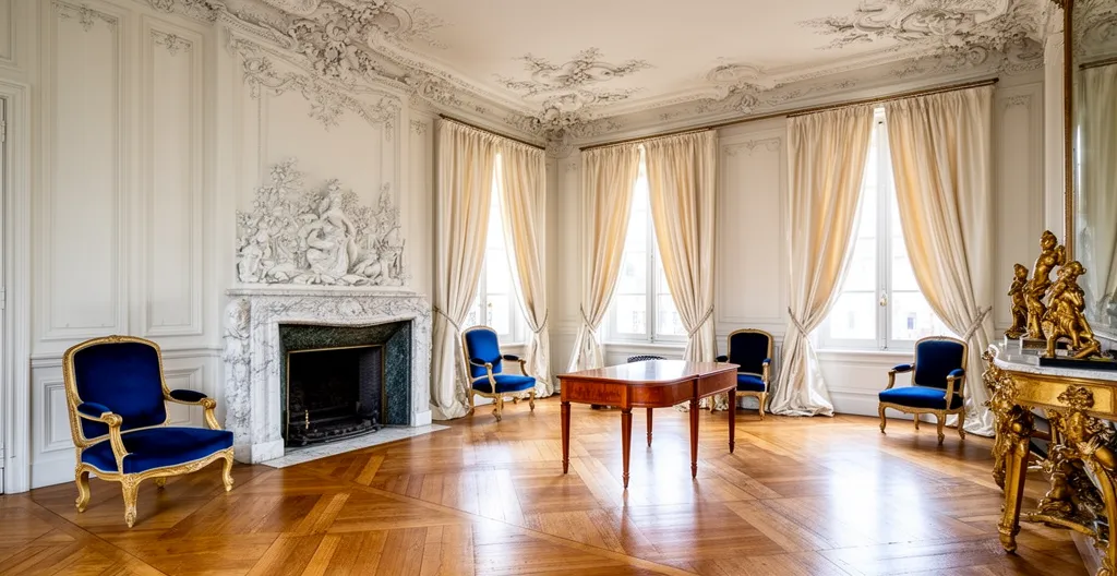 Salon d'apparat avec cheminée en marbre et parquet point de Hongrie dans une demeure bourgeoise