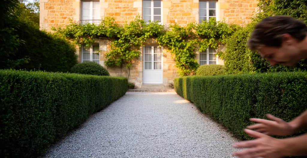Vue extérieure d'une propriété de prestige avec allée gravillonnée et végétation soignée