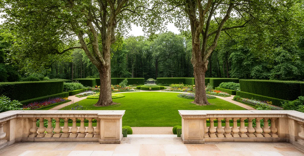 Vue depuis une terrasse de propriété vers un jardin paysager avec arbres centenaires dans l'ouest parisien