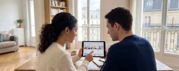 Un couple vu de dos consulte ensemble une tablette dans un appartement parisien lumineux avec fenêtres haussmanniennes en arrière-plan