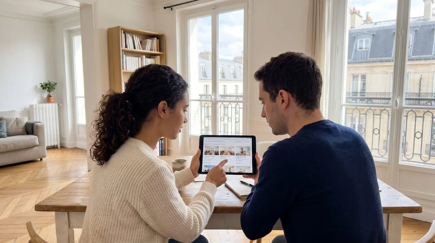 Un couple vu de dos consulte ensemble une tablette dans un appartement parisien lumineux avec fenêtres haussmanniennes en arrière-plan