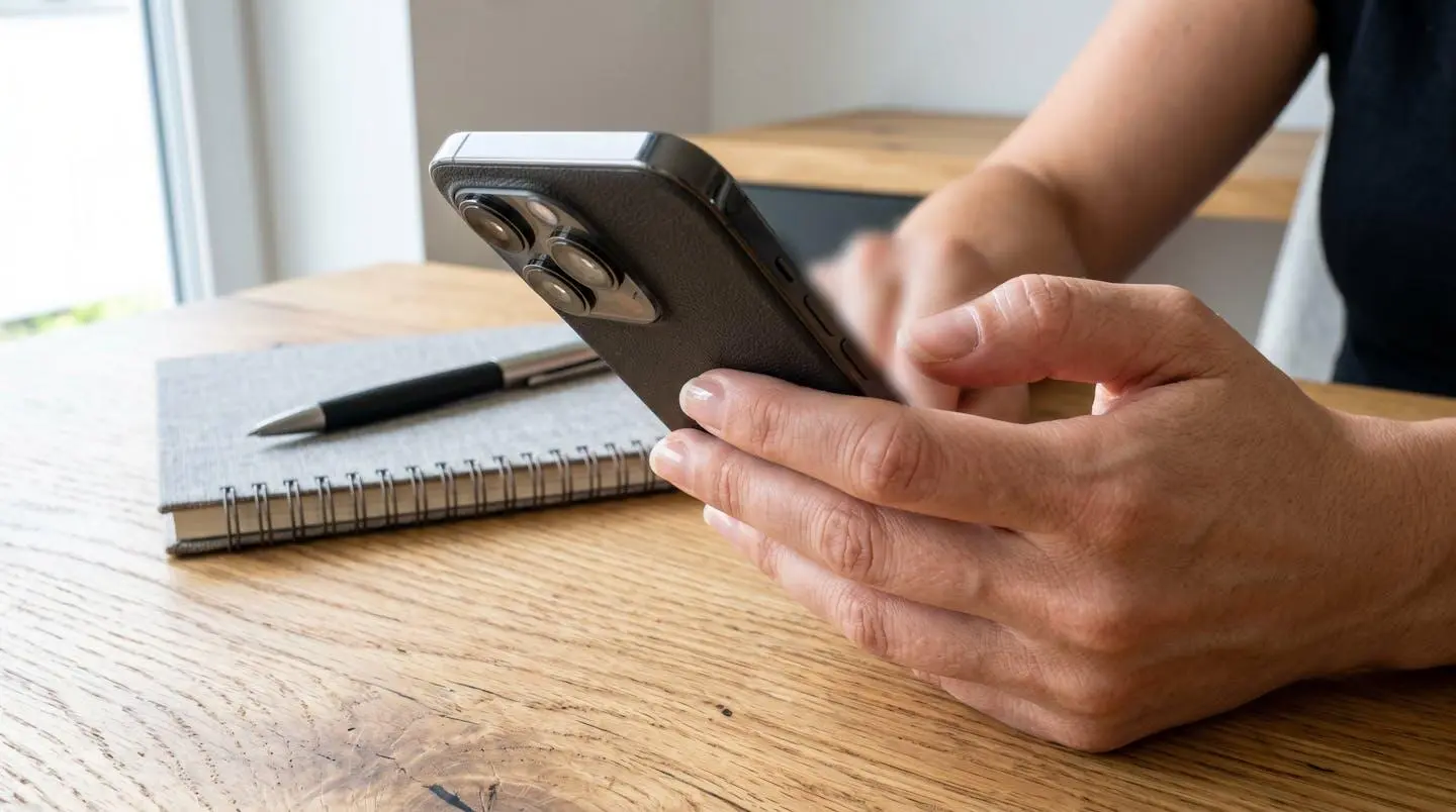 Gros plan sur une main tenant un smartphone avec écran flouté posé sur un bureau en bois clair moderne à côté d'un carnet et d'un stylo