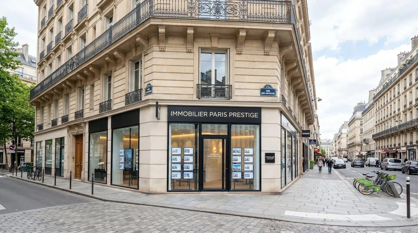 Vue en plan large d'une vitrine d'agence immobilière moderne dans une rue parisienne typique avec façade haussmannienne